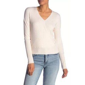 Elodie Faux Wrap Surplice Sweater Ribbed V Neck Knit top Ivory SZ M New